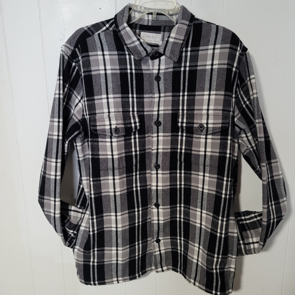 Cotton & Co. Heavy Flannel Jacket Men's LG Button  Black & White Plaid